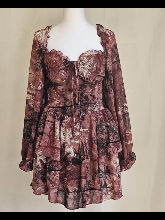 New Fashion Dresses & Skirts - Cottagecore Forest Print Skort Romper Dress Long Sleeve Brown Size S/M NWT